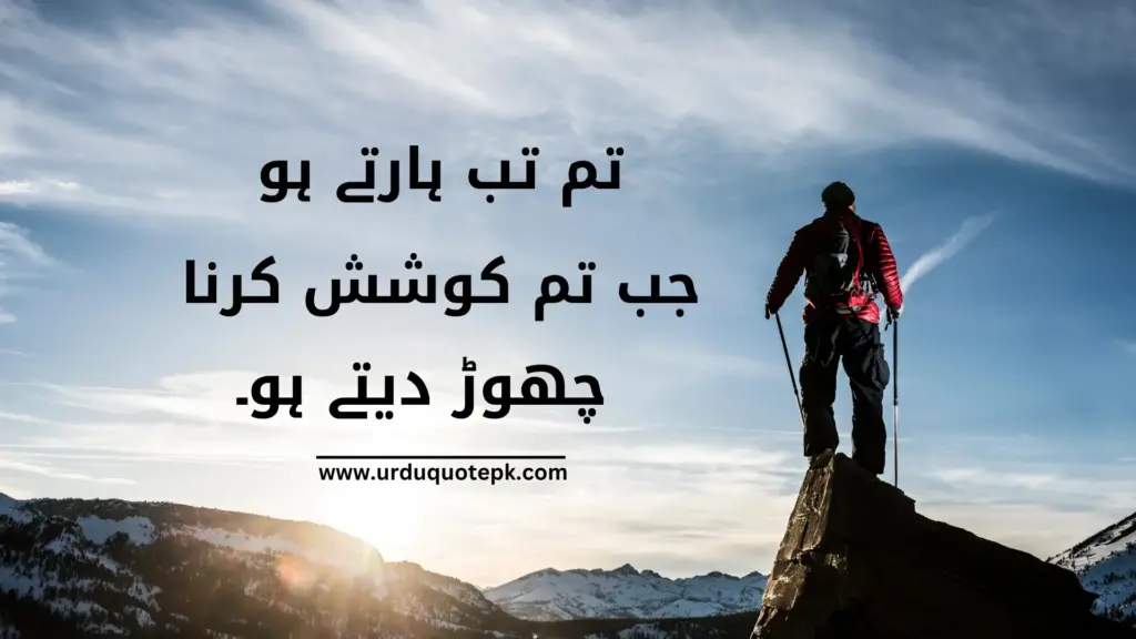 A Picture of man standing on top of mountain  with Motivational Quotes in Urdu|Hindi