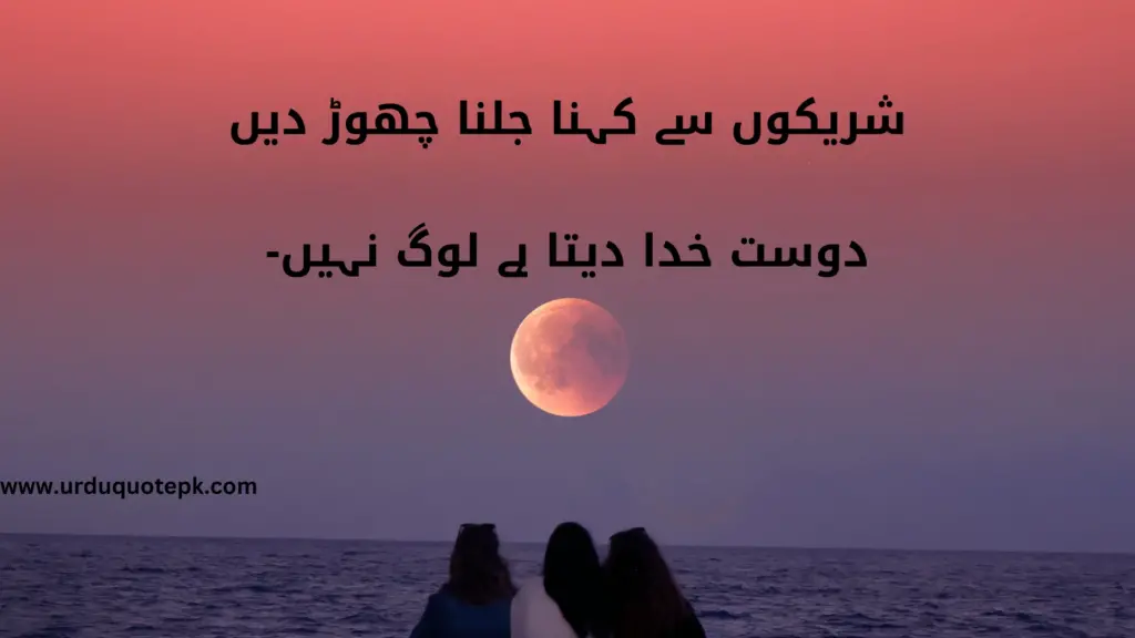 A Picture of friends sitting near sea and looking to moon with Friendship urdu quotes