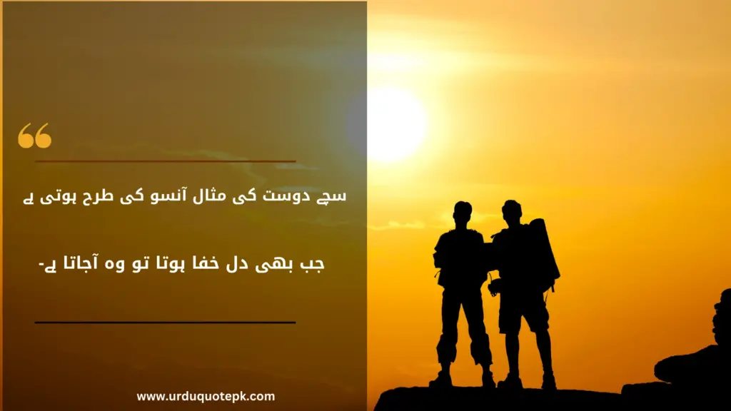 A Picture of two friends standing on a mountain and looking to sun with Friendship urdu quotes