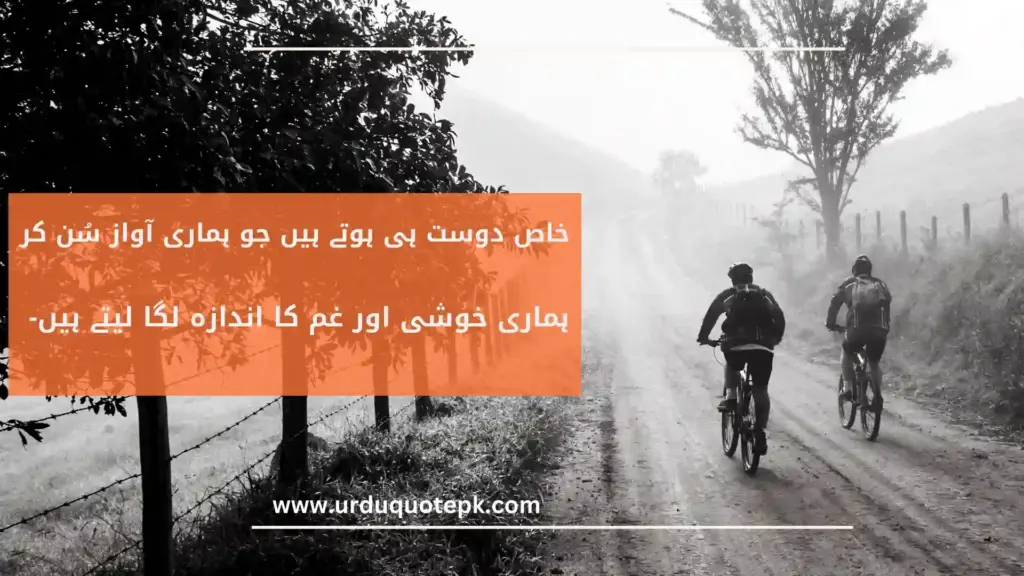 A Picture of two friends cycling on a road with Friendship urdu quotes