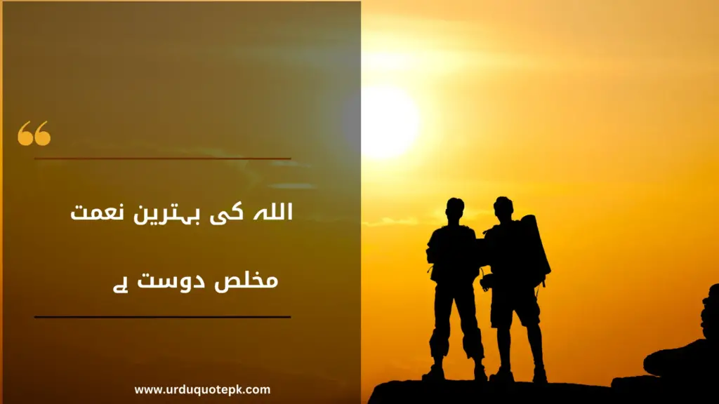 A Picture of two friends standing on a mountain and looking to sun with Friendship urdu quotes